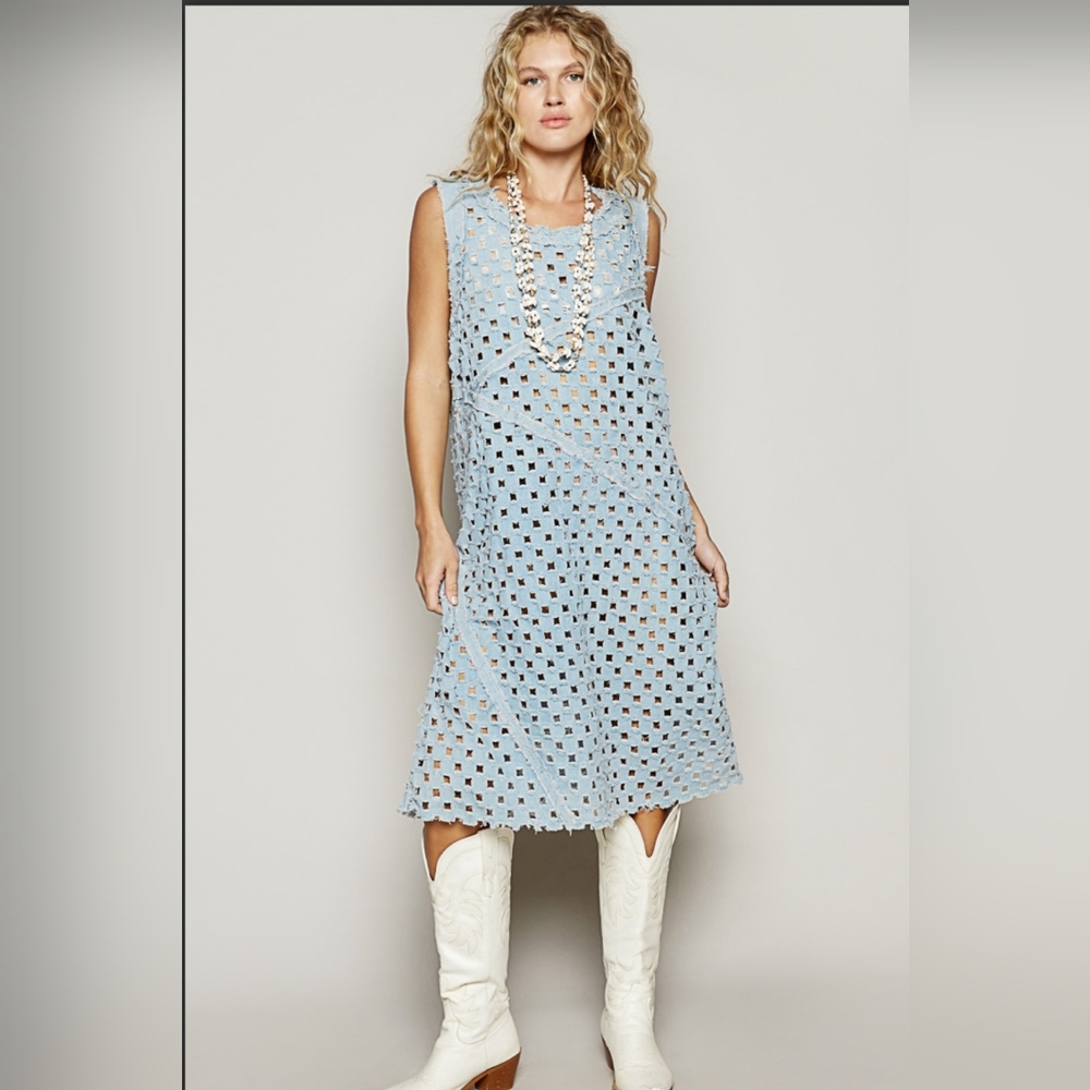 #691 POL Laser Cut Dress - Light Denim